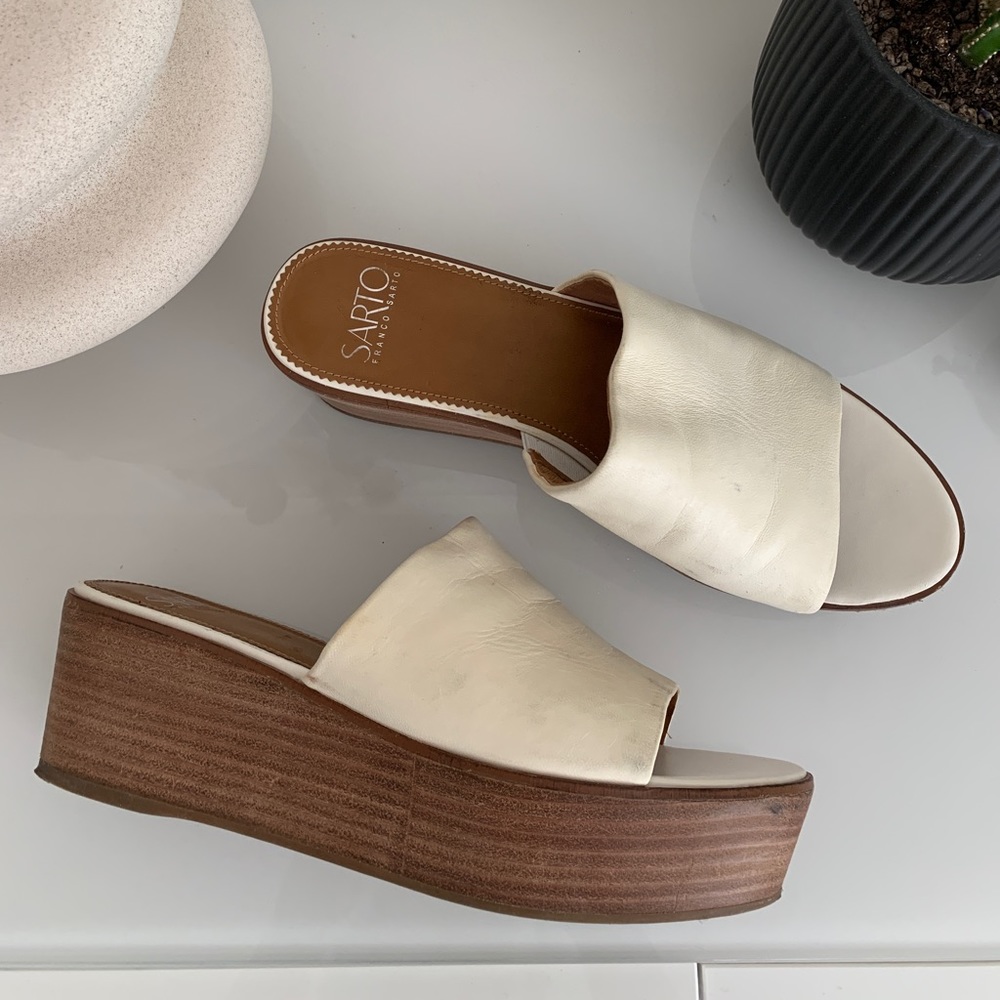 Sarto by Franco Sarto cream leather w/ wood platform wedge sandal size 7.5